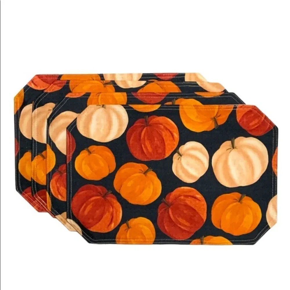Pumpkin Linen Print Fabric Placemats Fall Autumn Halloween Seasons Set of 4